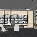 Spacious Modern Office Interior With White Office Chairs Large Desk Bookshelves And City View Windows