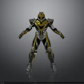 Golden And Black Armored Warrior Character In Sci Fi Standing Pose With Shiny Metallic Details