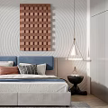 Modern Bedroom Interior Design With Blue Headboard Wooden Grid Art And Pendant Lighting