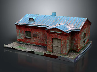 Red Brick Building Model With Blue Metal Roof Chimney Wooden Door And Windows 3d model