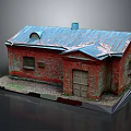 Red Brick Building Model With Blue Metal Roof Chimney Wooden Door And Windows