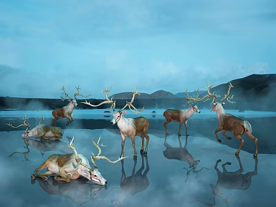 Graceful Deer Standing And Lying On Misty Lake With Mountain Background And Blue Sky Reflections 3d model