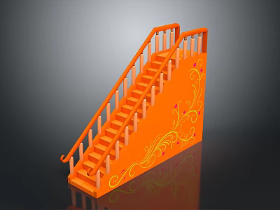 Orange Staircase With Wooden Steps Yellow Floral Patterns And Curved Handrail Design 3d model
