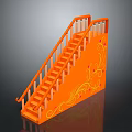 Orange Staircase With Wooden Steps Yellow Floral Patterns And Curved Handrail Design