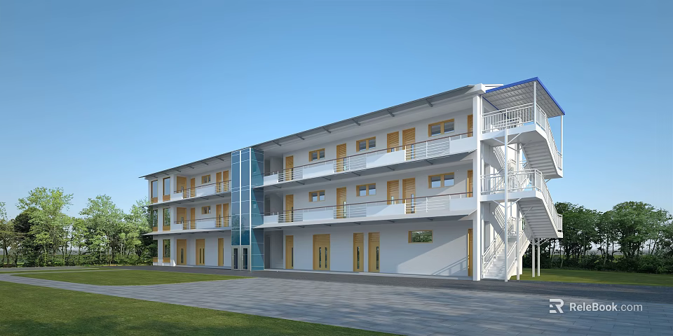 Modern Multi Storey School Building With White Exterior Yellow Doors Windows And Green Lawn 3d model 