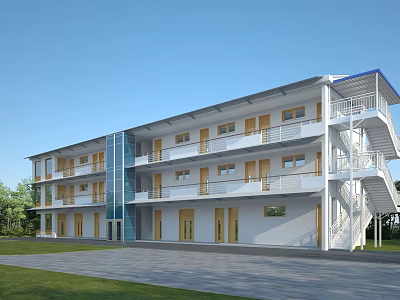 Modern Multi Storey School Building With White Exterior Yellow Doors Windows And Green Lawn 3d model