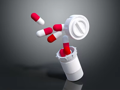 Medical Device White Medicine Bottle With Open Cap And Red White Capsules Falling Out 3d model