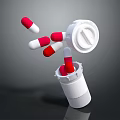 Medical Device White Medicine Bottle With Open Cap And Red White Capsules Falling Out