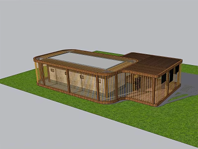 Outdoor Wooden Pergola With Flat Roof Grass Surroundings And Supporting Columns 3d model