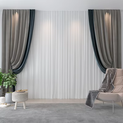 Luxurious Curtains With Sheer White Layers And Dark Gray Drapes For Modern Living Room 3d model
