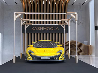 KASHMOOLA Yellow Sports Car Display In Modern Interior With Wooden Structure 3d model