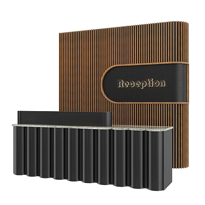 Modern Reception Desk Design With Wooden Striped Backdrop Black Countertop And Leather Reception Lettering 3d model