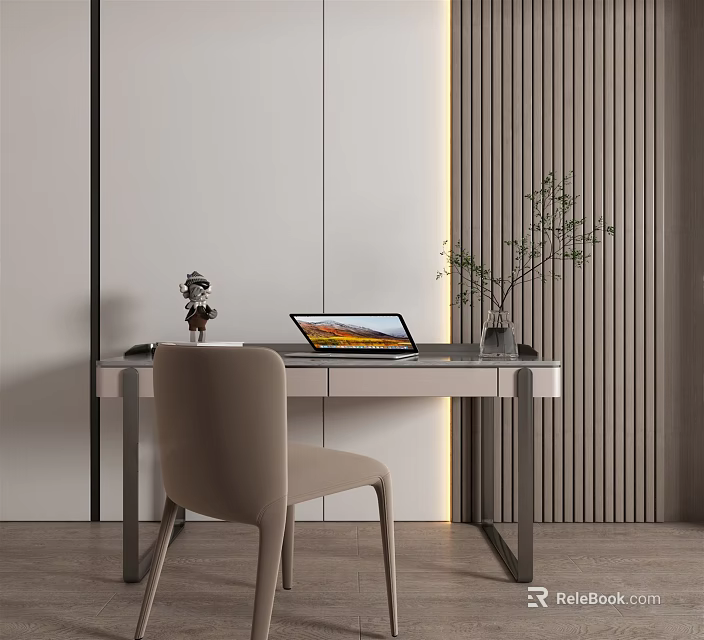 Modern Minimalist Light Colored Desk With Laptop Chair Potted Plant And Decorative Item 3d model 