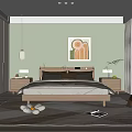 Modern Bedroom Interior Design With Green Wall Wooden Bed Wall Painting And Bedside Tables