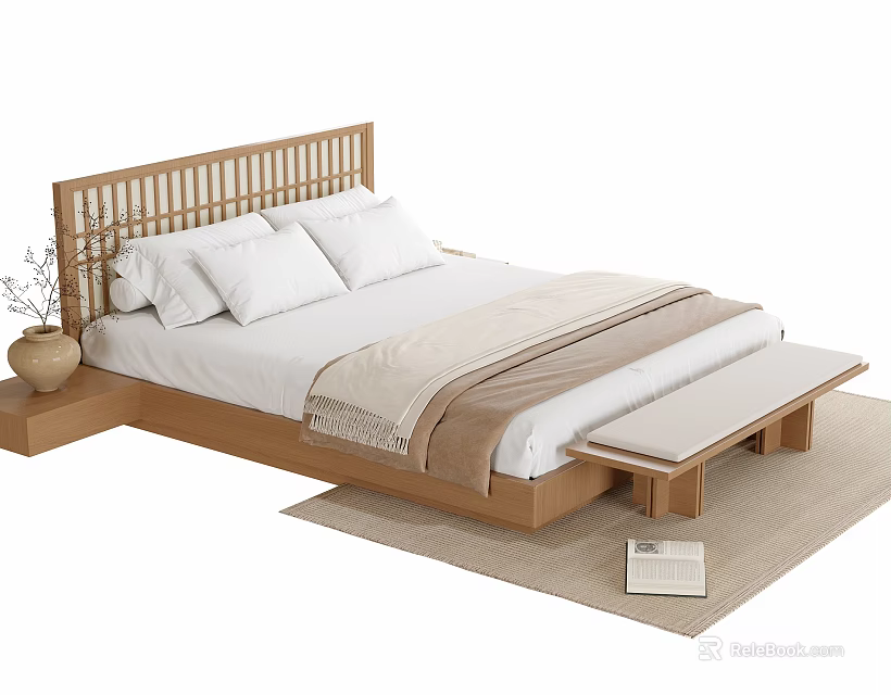 Double Bed with Wooden Slatted Headboard White Pillows Beige Blanket Bench Side Table and Vase 3d model 