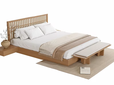 Double Bed with Wooden Slatted Headboard White Pillows Beige Blanket Bench Side Table and Vase 3d model