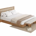 Double Bed with Wooden Slatted Headboard White Pillows Beige Blanket Bench Side Table and Vase