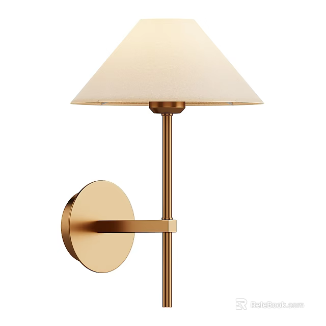 Modern Brass Wall Lamp With White Conical Lampshade And Round Metal Base 3d model 