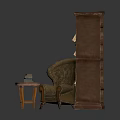 Vintage Furniture Arrangement With Multi Tiered Wooden Bookcase Armchair And Side Table