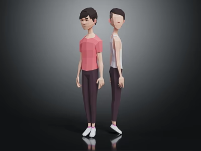 Two Low Poly 3D Characters With Pink And White Tops Dark Pants And White Shoes 3d model