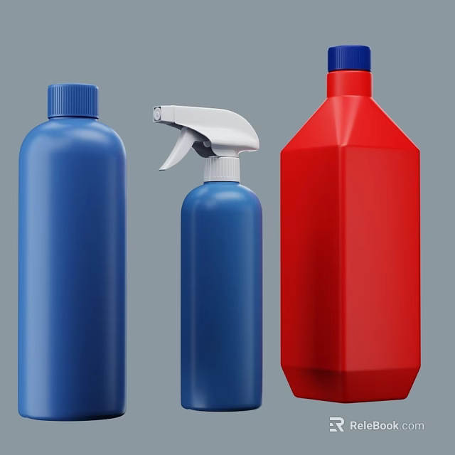 Bathroom Accessories Including Cleaning Bottles With Blue Red Containers And Spray Nozzle Design 3d model 