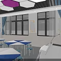School Science Technology Classroom With Colorful Hexagonal Ceiling Science Icons Blue White Tables Chairs 3d model
