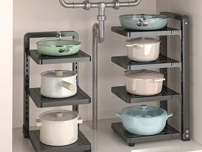 Multi Tier Black Metal Kitchen Storage Rack Organizing Various Colored Cookware Pots 3d model