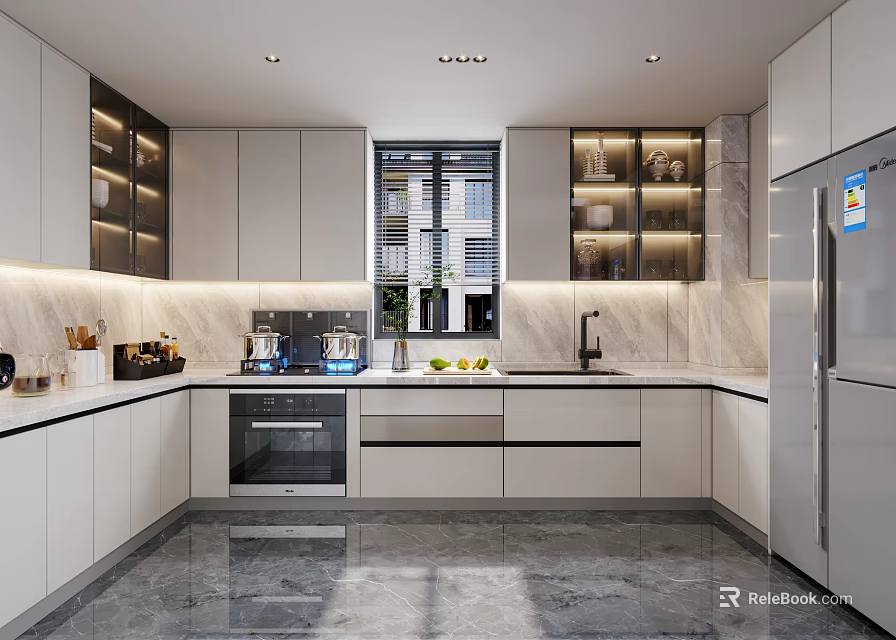 Modern Open Kitchen Interior With White Cabinets And Marble Countertops 3d model