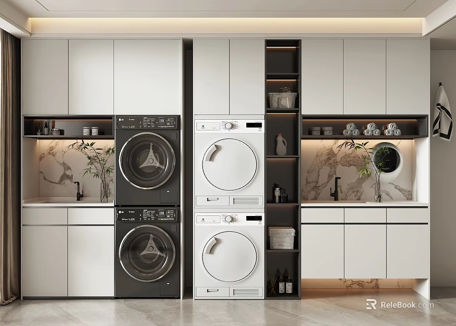 Modern Bathroom Vanity Cabinetry Featuring Washing Machines Dryers Marble Countertops Storage Mirror And Plants 3d model 