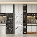 Modern Bathroom Vanity Cabinetry Featuring Washing Machines Dryers Marble Countertops Storage Mirror And Plants