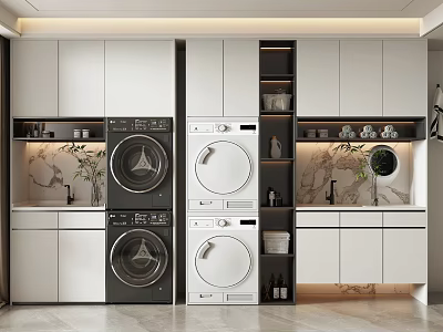 Modern Bathroom Vanity Cabinetry Featuring Washing Machines Dryers Marble Countertops Storage Mirror And Plants 3d model