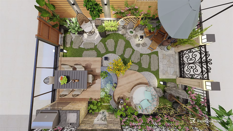 Serene Courtyard Garden With Stone Pathway Green Plants And Water Feature 3d model 
