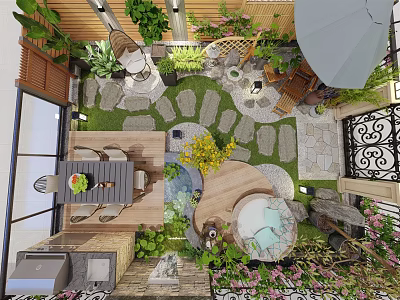 Serene Courtyard Garden With Stone Pathway Green Plants And Water Feature 3d model