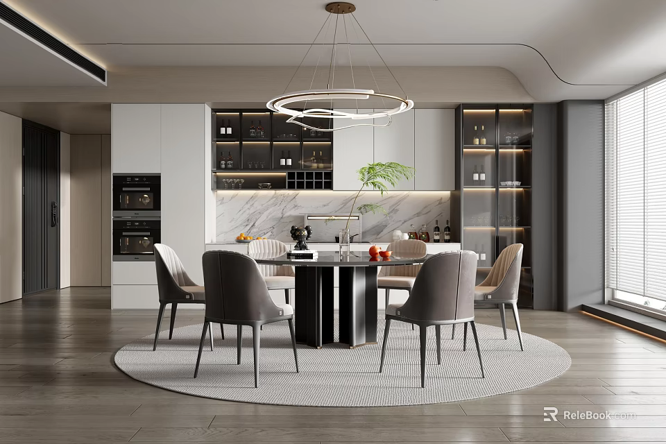 Modern Restaurant Interior With Round Dining Table Chairs Pendant Light Area Rug And Wine Cabinet 3d model 