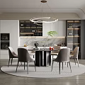 Modern Restaurant Interior With Round Dining Table Chairs Pendant Light Area Rug And Wine Cabinet