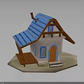 Small House Architecture With Blue Roof Chimney White Walls Blue Framed Windows And Orange Door