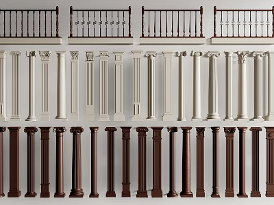 Roman Columns In Various Styles With White Brown Colors And Decorative Railings 3d model