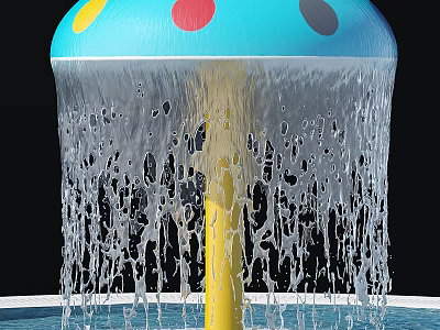 Blue Mushroom Shaped Fountain With Colorful Dots And Flowing Water From Top To Pool Base 3d model