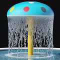 Blue Mushroom Shaped Fountain With Colorful Dots And Flowing Water From Top To Pool Base