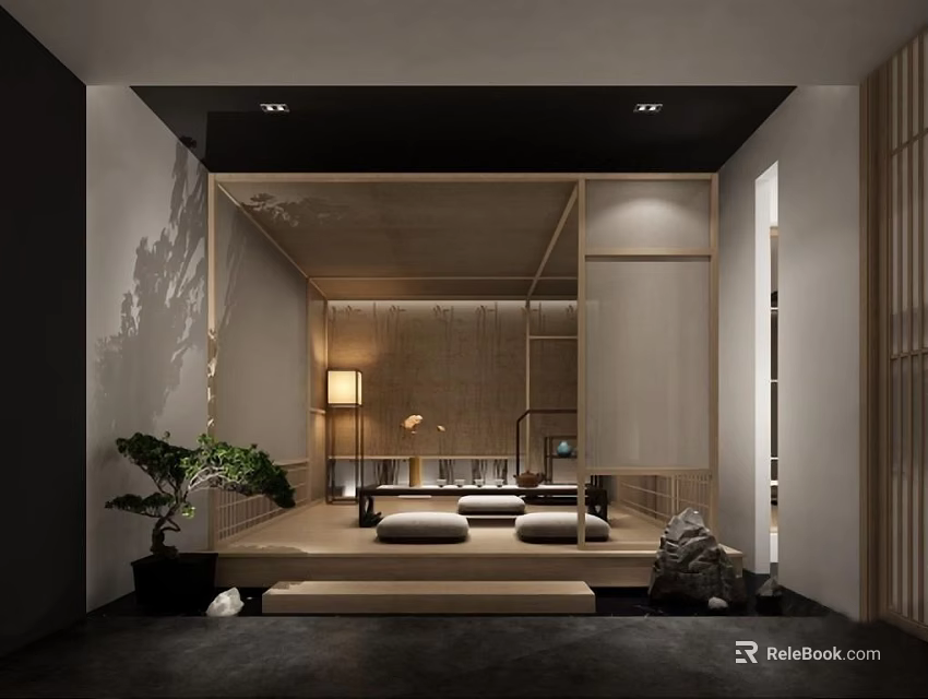 Zen Style Clubhouse Interior With Tatami Wooden Structure Warm Lighting And Stone Lantern 3d model 