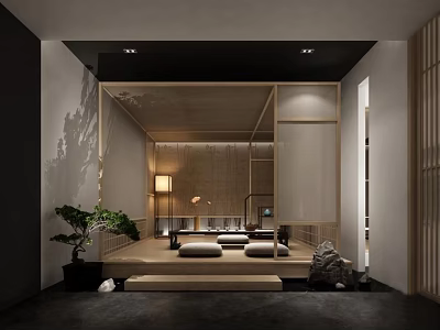 Zen Style Clubhouse Interior With Tatami Wooden Structure Warm Lighting And Stone Lantern 3d model