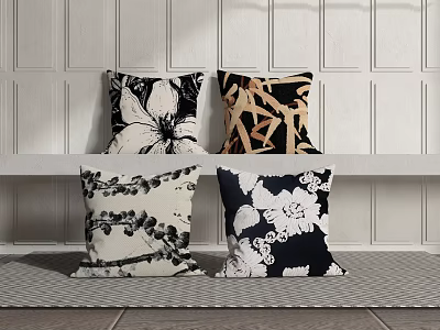 Decorative Pillows With Floral And Textured Patterns In Black White Brown On Shelf 3d model