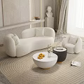 Modern White Curved Sofa Coffee Table Set With Plush Armchair Fruits And Plants