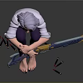 Purple Haired Female Character Sitting Barefoot Holding Large Gun With Scattered Bullets