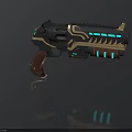 Futuristic Gun With Black Gold Design Blue Luminous Strips And Wooden Grip