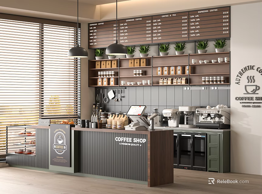Modern Coffee Shop Interior With Wooden Counter Menu Board Hanging Plants And Coffee Machines 3d model 