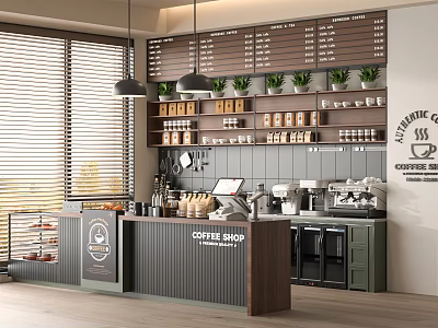 Modern Coffee Shop Interior With Wooden Counter Menu Board Hanging Plants And Coffee Machines 3d model