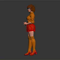 Stylish Woman in Orange Sweater and Red Skirt with Orange Stockings Red Shoes and Glasses