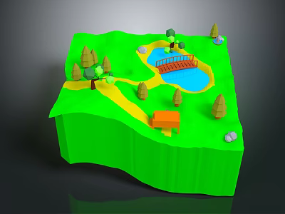Cartoon Scenic Landscape With Green Terrain Trees Pond Bridge Yellow Path And Small House 3d model