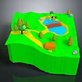 Cartoon Scenic Landscape With Green Terrain Trees Pond Bridge Yellow Path And Small House